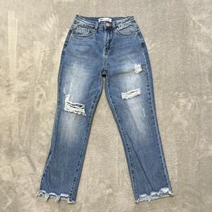 YMI Jeans Womens 25 Blue Ankle Straight High Rise Ripped Medium Wash Denim